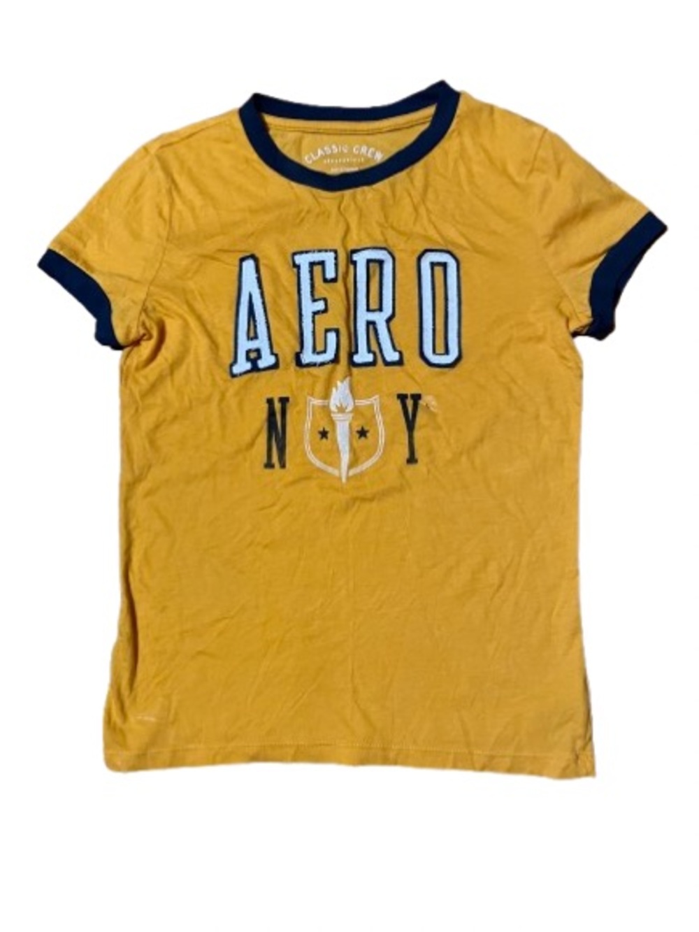 NWOT Aeropostale Classic Crew  Yellow Ringer Embroidered Tee Shirt Size Large